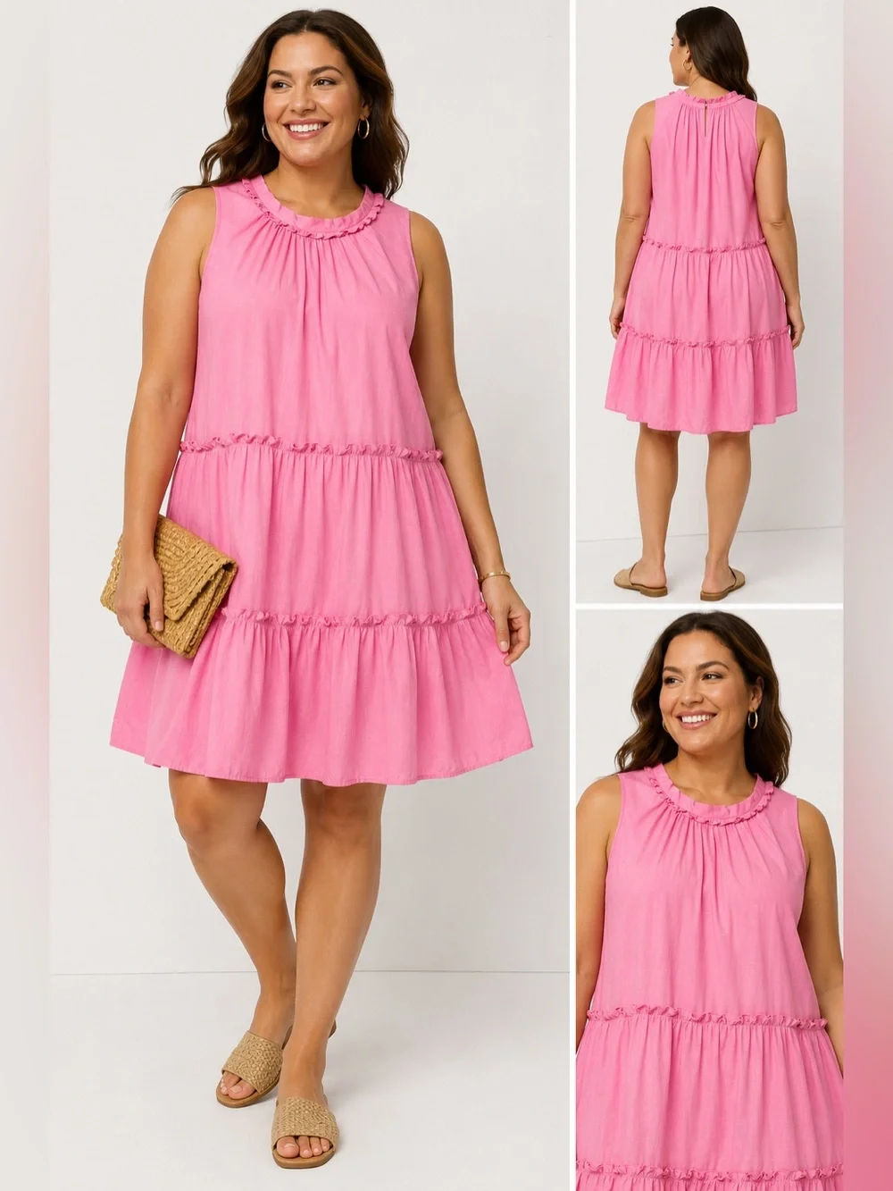 Vince Camuto Pink Linen Blend Tiered Ruffle Dress Size 16